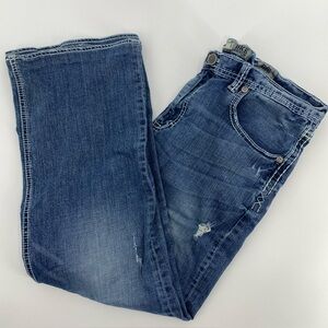 BKE Jeans Mens Tag 36R Actual 36x28 Blue Tyler Distressed Bootcut Stretch Casual
